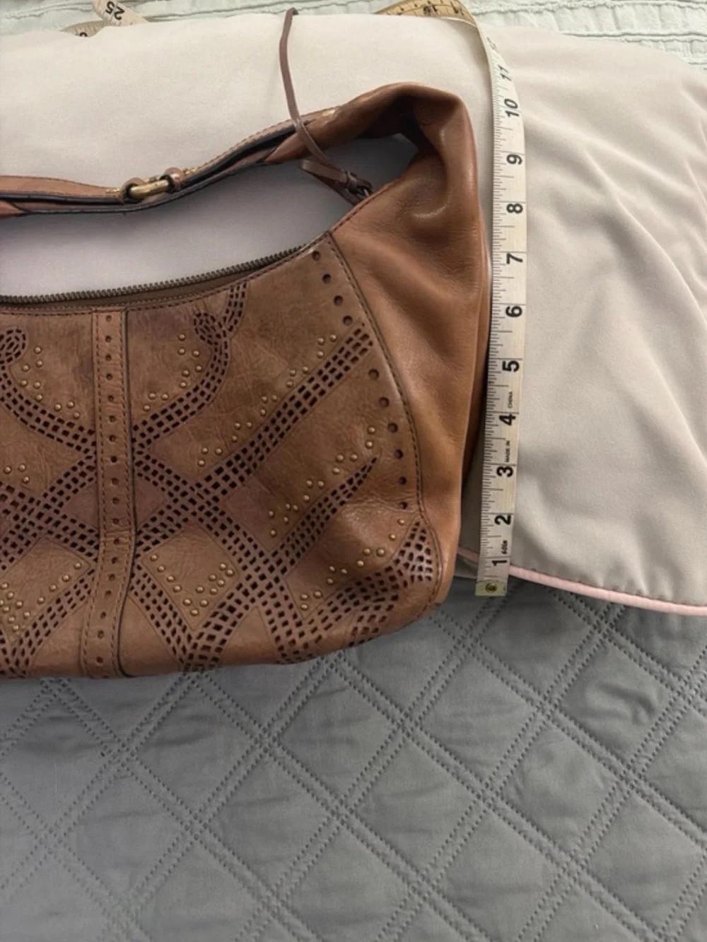 Cole Haan Tan Leather Perforated Hobo with Stud Accents
